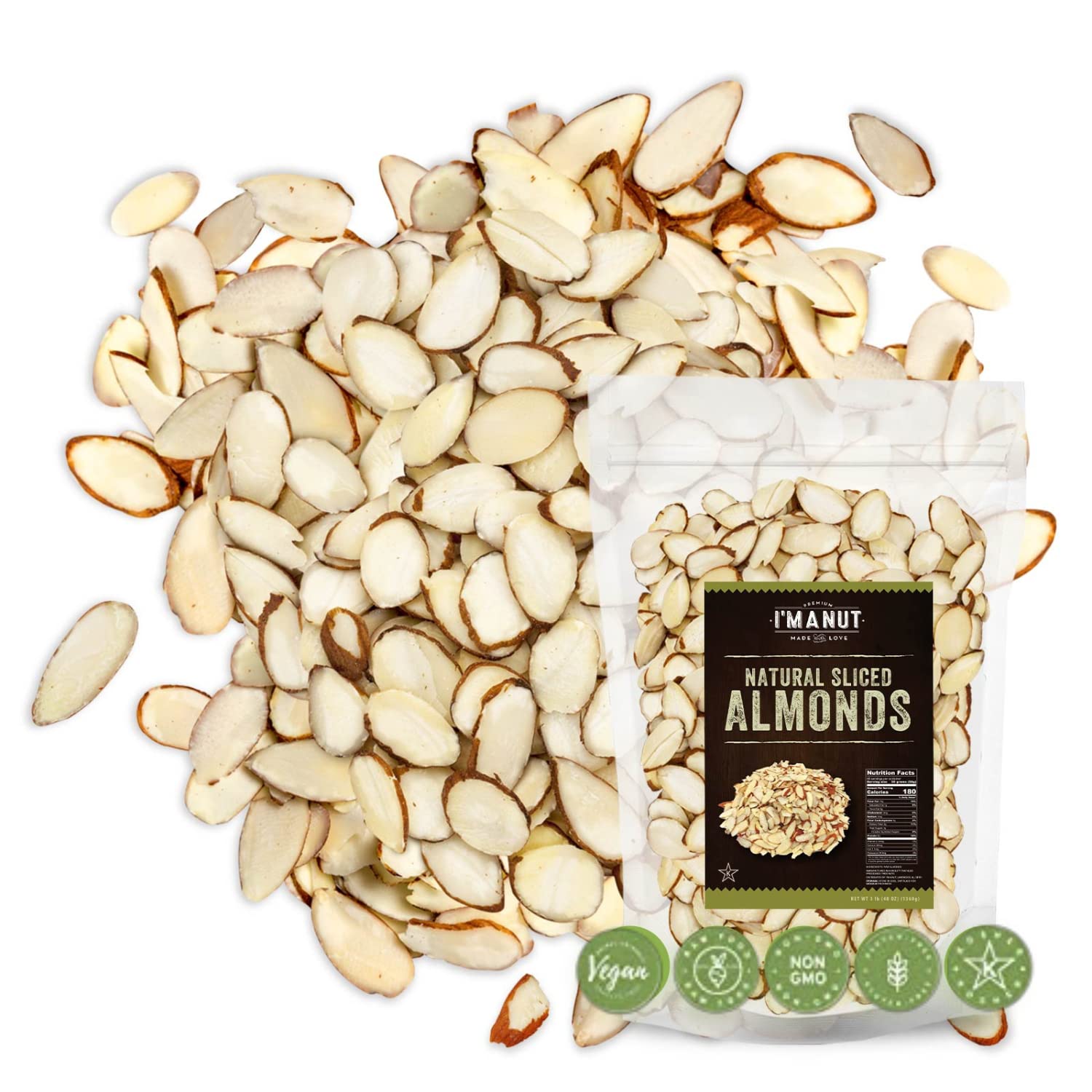 Premium Raw Unsalted Sliced Almonds 32oz (2 lb) | Superior Gourmet Quality | Batch Tested Gluten & Peanut Free | Non-GMO | No PP