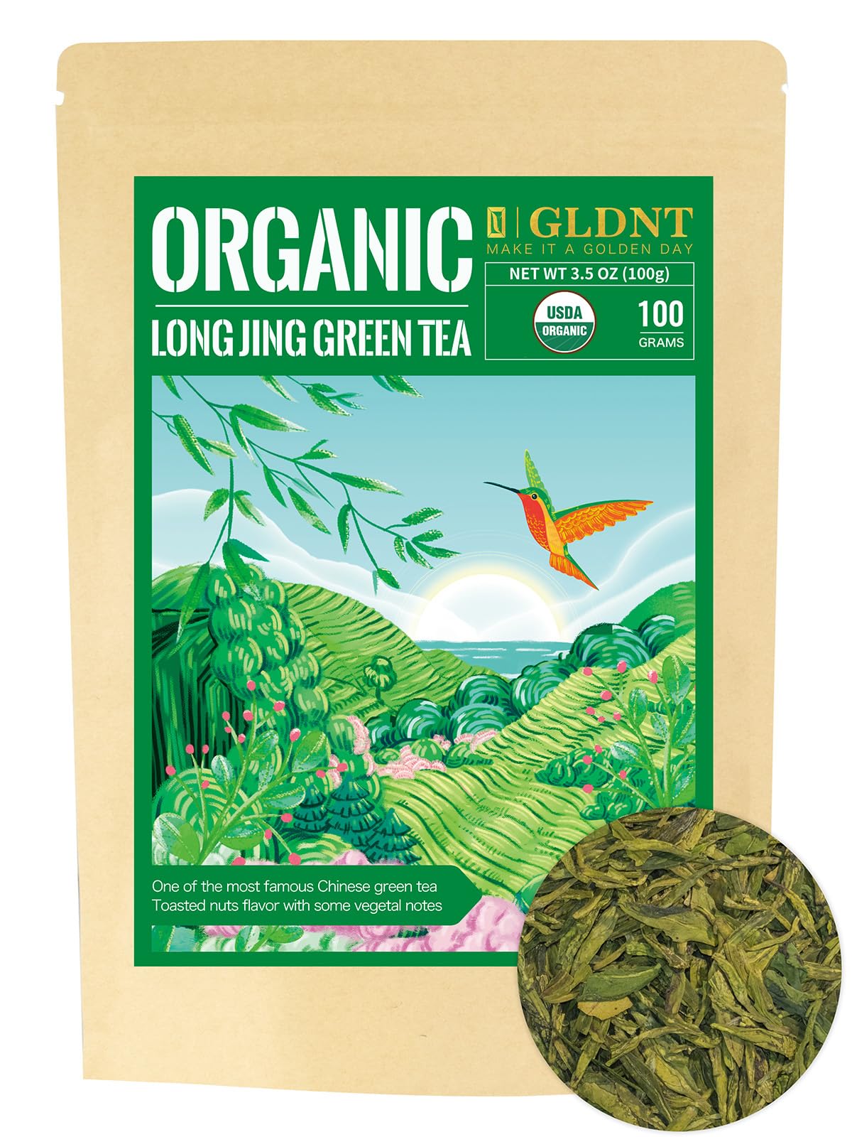 Gldnt Organic Green Tea Longjing  Top-Grade Chinese Dragon Well Green Tea Loose Leaf  Fresh & Brisk Taste  3.5Oz/100G