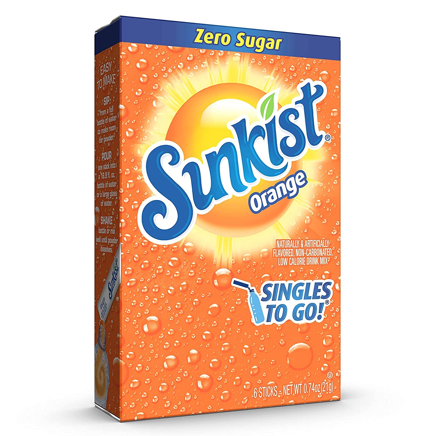 SINGLES TO GO! Sunkist Orange Drink Mix, 3 Boxes with 6 Packets Each, 18 Total Servings, 0.25 Ounce (Pack of 3)