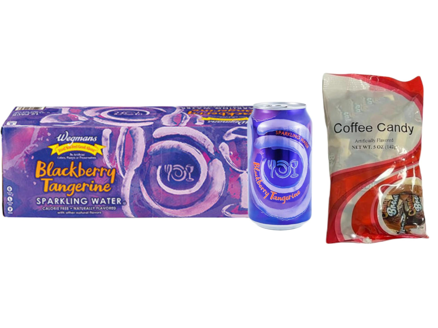 Wegmans Sparkling Water Blackberry Tangerine (12 cans pack) | 0 calories | 0 sugar | 0 sodium | Vegan + Coffee Candy Market bask