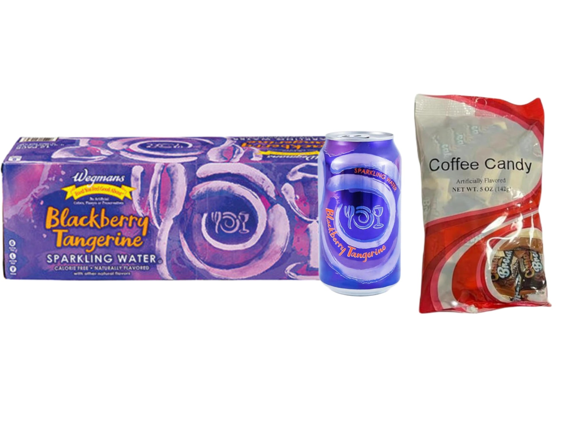 Wegmans Sparkling Water Blackberry Tangerine (12 cans pack) | 0 calories | 0 sugar | 0 sodium | Vegan + Coffee Candy Market bask