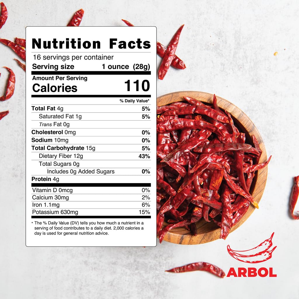 Doa Blanca Chile De Arbol 1Lb - Dried Whole Red Chili Peppers - Premium Dried Stemless Chiles - Spicy Hot Heat - Use In Mexican,