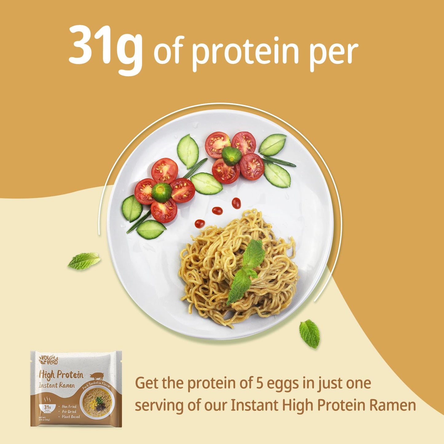 Volo Vero High Protein (31G) Instant Ramen Pork Tonkotsu Flavor Soup, Plant-Based, Air-Dried, Non-Fried, Low Carb, Egg-Free, Dai