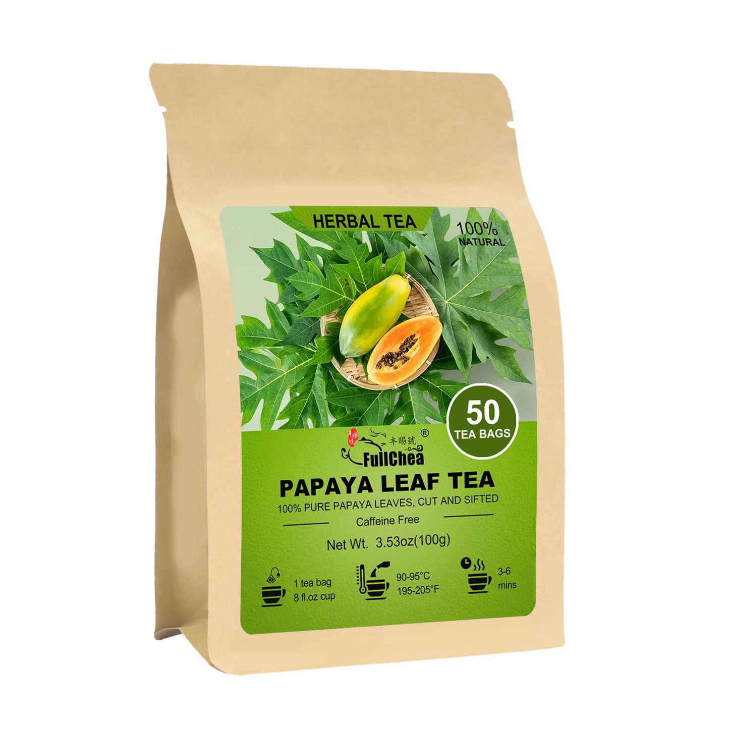 Fullchea - Papaya Leaf Tea Bags  50 Teabags - Natural Herbal Tea With Dried Papaya Leaves - Energy Blend-Free Wellness Tea