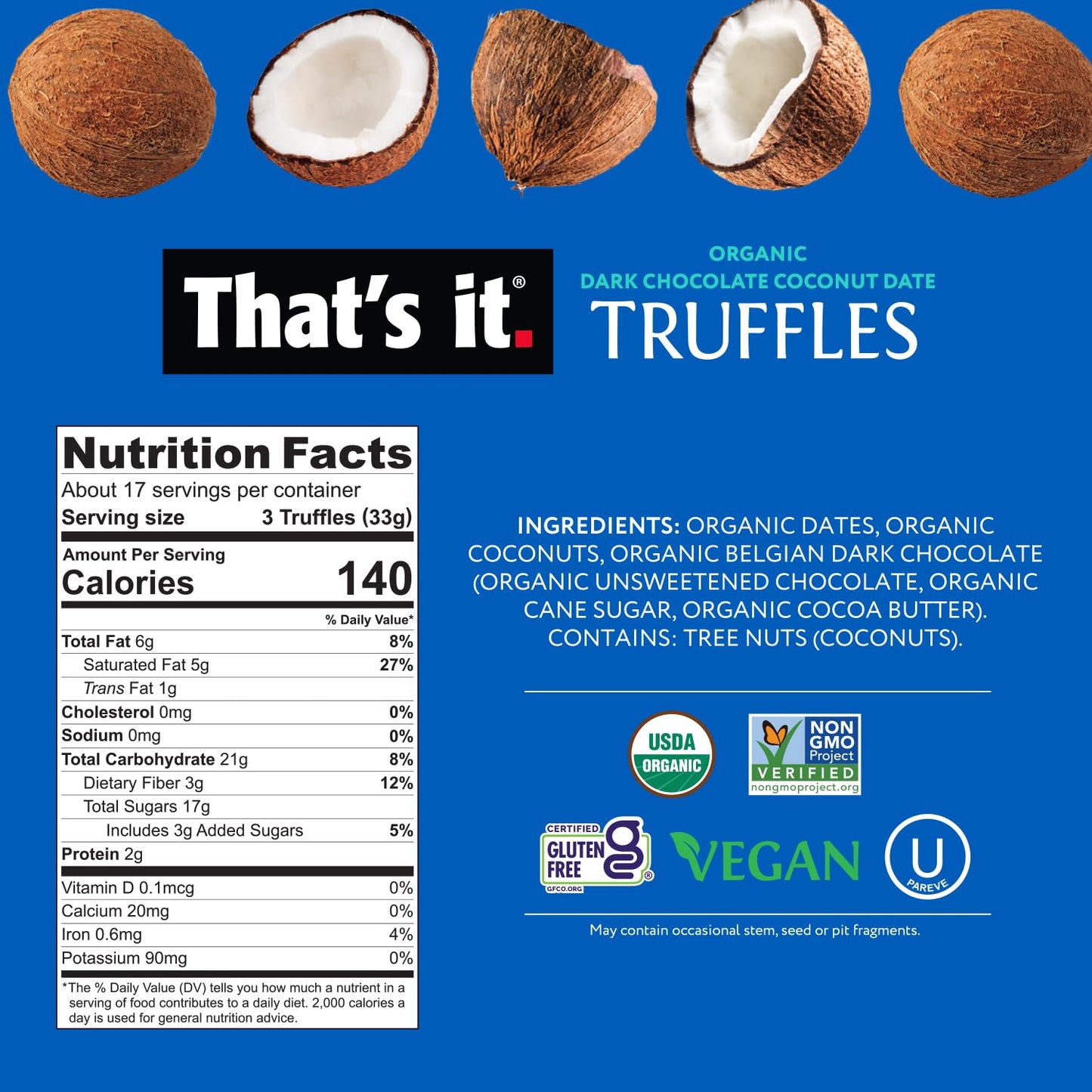 That'S It. Organic Belgian Dark Chocolate & Coconut Datetruffles. 100% Plant-Based, Vegan, Gluten-Free, 47 Calories Per Truffle,