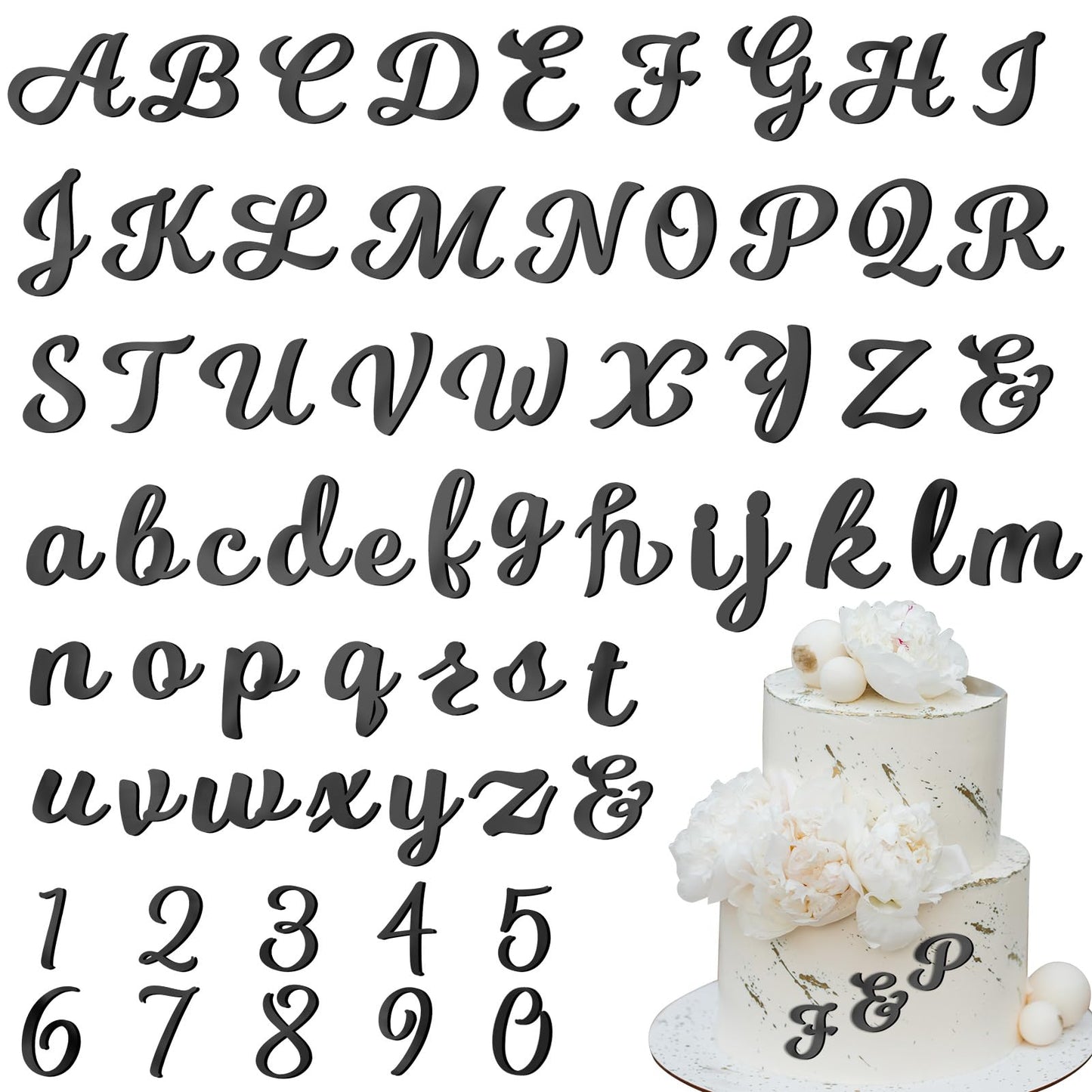 Jspupifip Acrylic Cake Toppers Set, 64 Pcs Mirror Alphabet & Numbers 0-9, Black, Model NQNODJAC9169, Wedding & Party Supplies