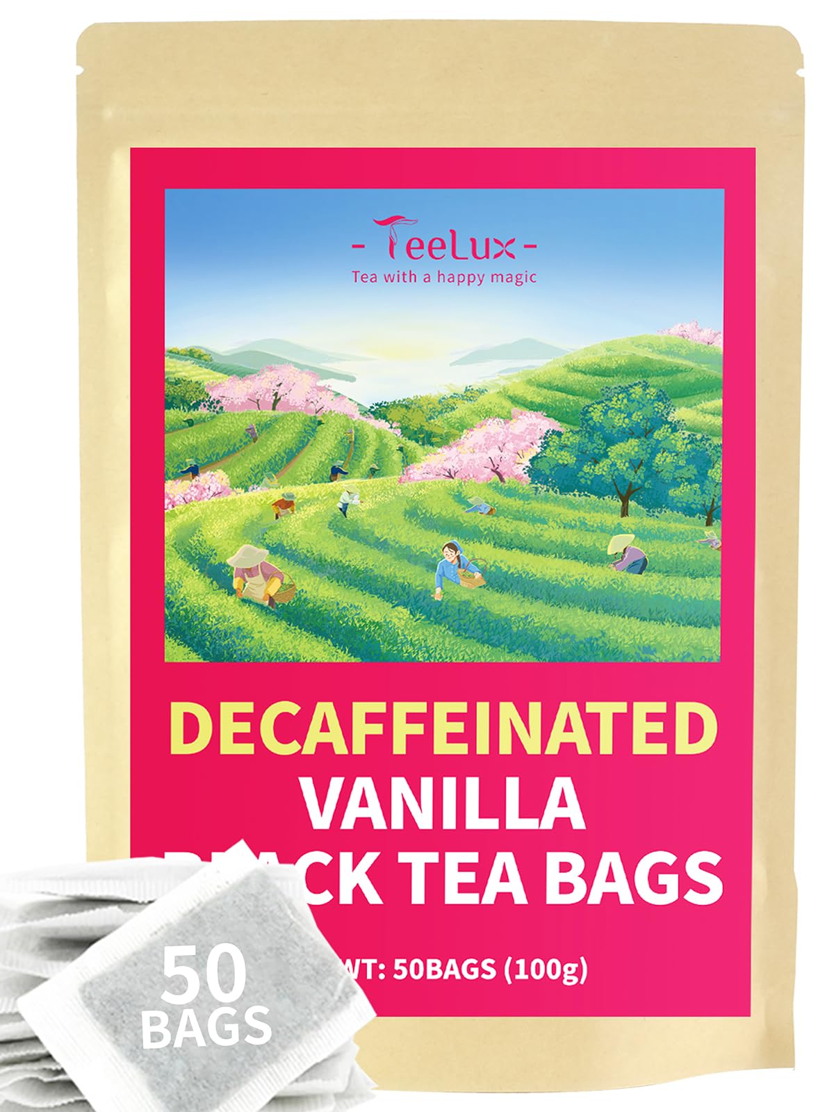 TeeLux Decaf Vanilla Black Tea Bags, Decaffeinated, 50 Count