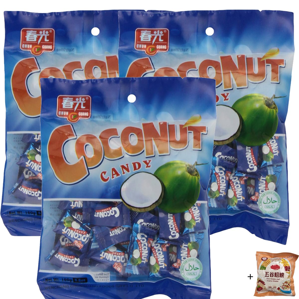 Ginger Coconut Candy 5.6oz (3pack, blue),Comes with a small packet of cereal drinks as a bonus(Taste random)
