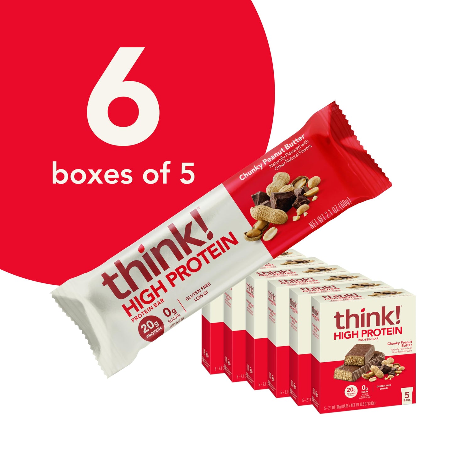 think! Protein Bars, Chunky Peanut Butter, Gluten Free, Kosher, 2.1 Oz, 30 Count, Brown