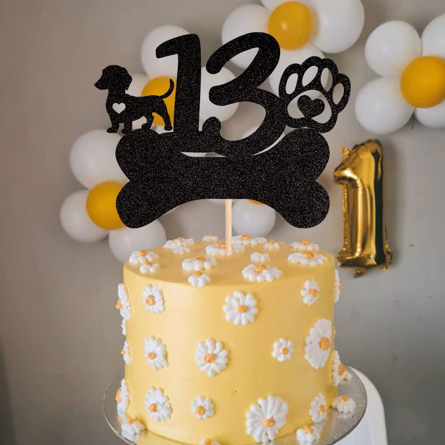 1 Pcs 13Th Birthday Cake Topper Black Glitter Dog Paw Thirteen Years Old Birthday Puppy Dog Bone Cake Pick For Let'S Pawty Baby