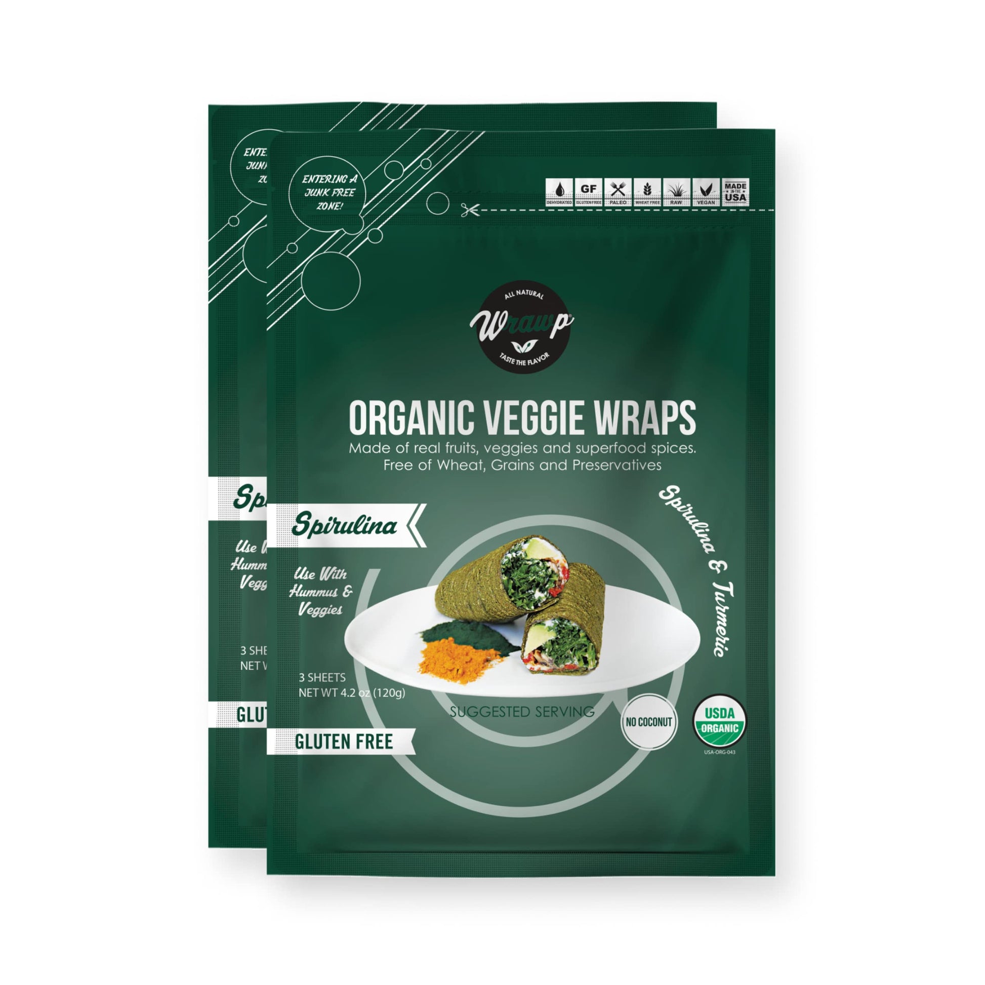 WrawP Organic Veggie Wraps - Spirulina, Gluten Free, Paleo, Raw Vegan, 5.6 Ounce (Pack of 2)
