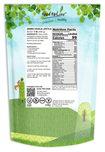 Food To Live - Whole Green Lentils, 1 Pound Dried Raw Lentils, Sproutable, Kosher, Vegan. Rich In Dietary Fiber, And Protein. No