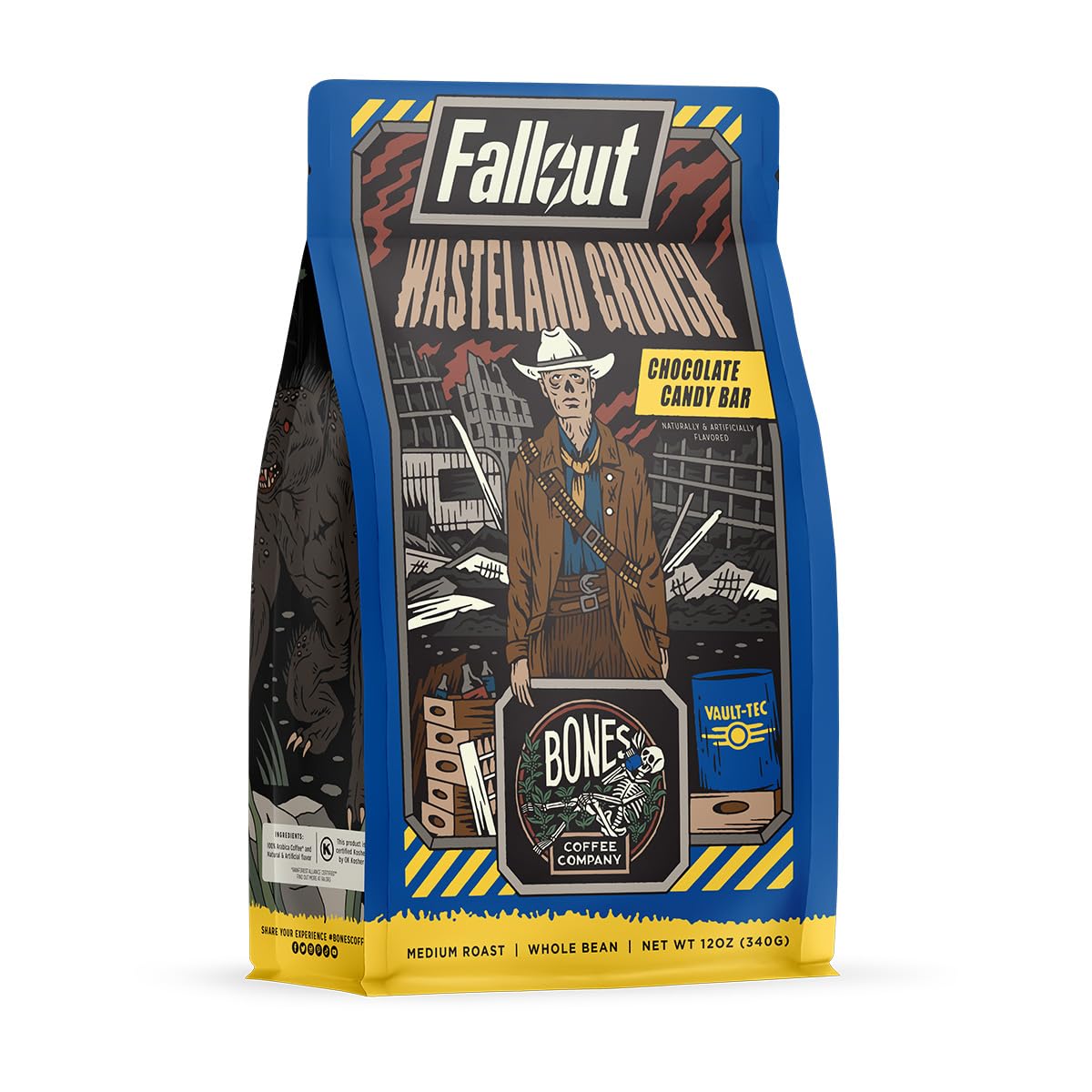 Bones Coffee Company Wasteland Crunch Flavored Ground Coffee Beans Chocolate Candy Bar Flavor | 12 Oz Medium Roast Low Acid Coff
