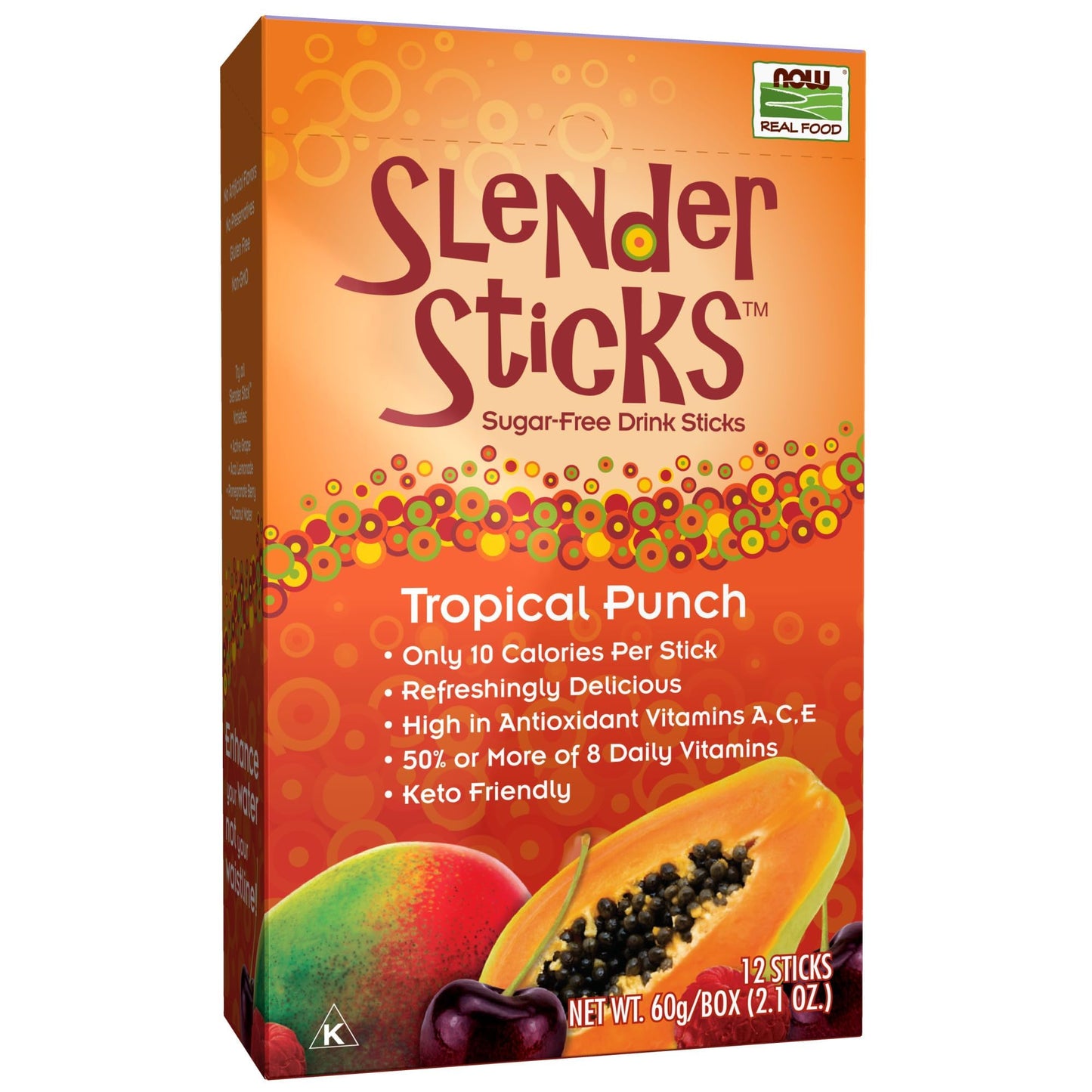 Now Foods, Slender Sticks, Tropical Punch, 15 Calories Per Stick, Refreshingly Delicious, With Antioxidant Vitamins A,C, E, 12/B