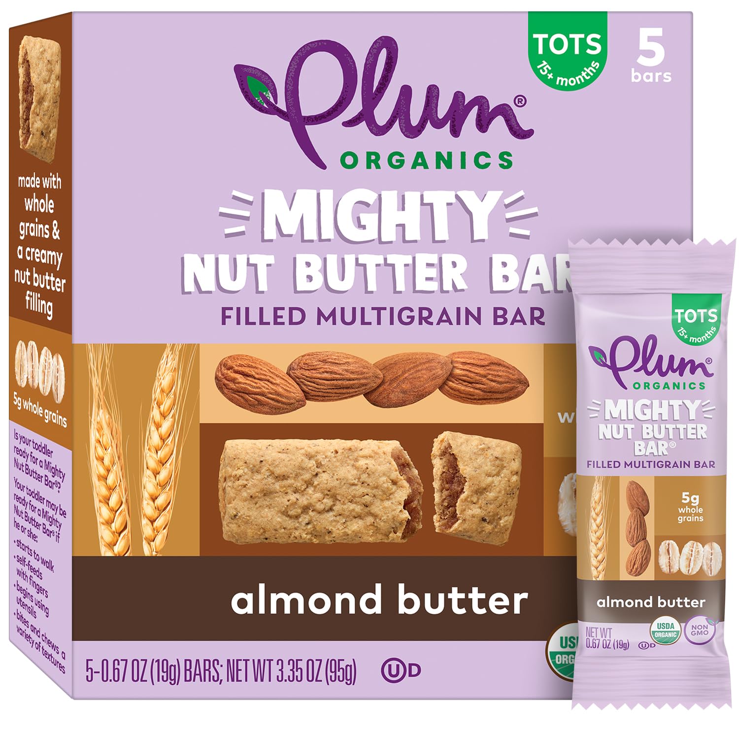 Plum Organics Mighty Nut Butter Bars - Almond Butter - 0.67 Oz Bars (Pack Of 5) - Organic Toddler Food Multigrain Snack Bars