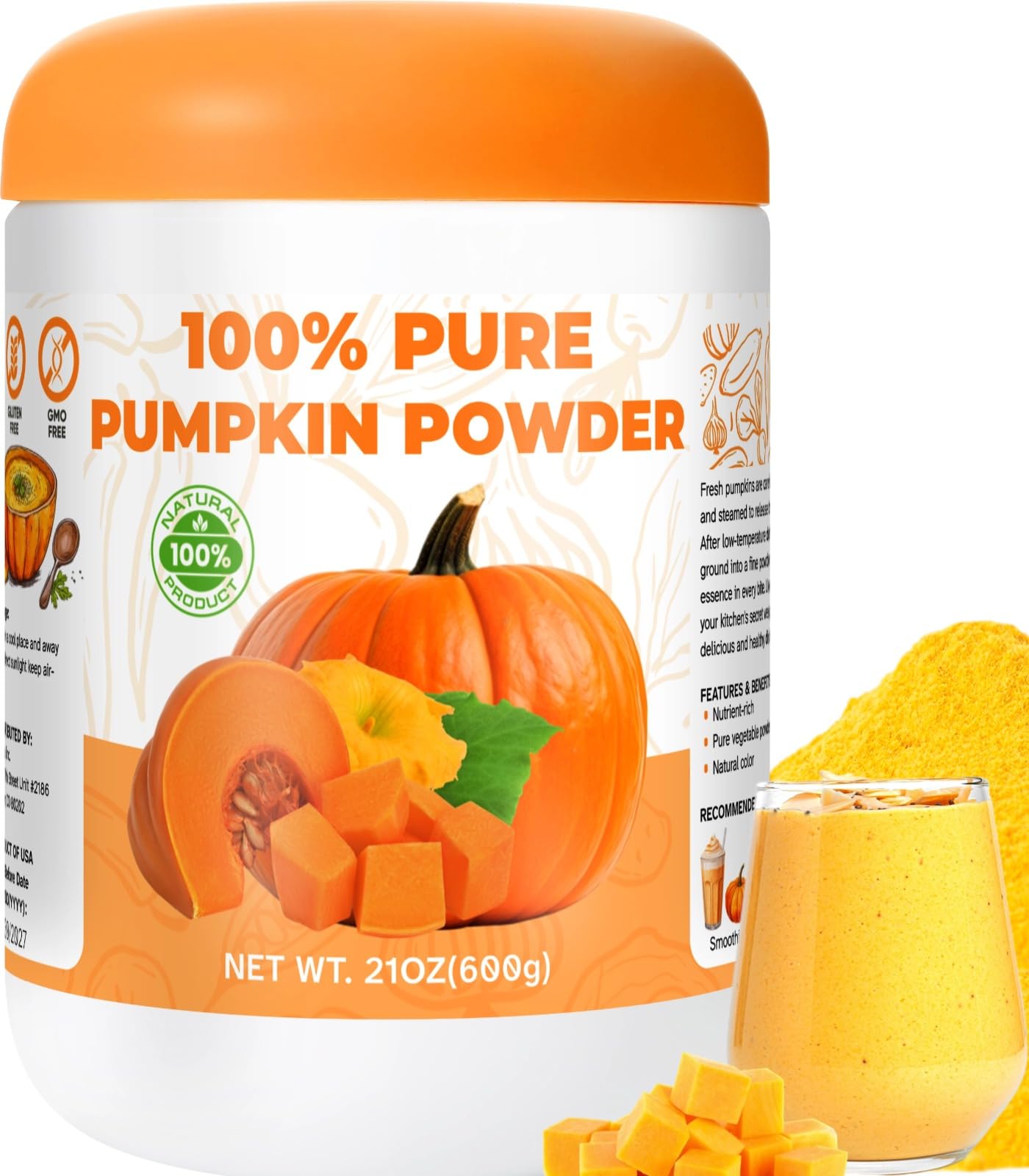 Gephron 21OZ Natural Pumpkin Powder - 100% Pure, No Added Sugar, High in Fibre, Ideal for Juices, Smoothies, Baking, and Soups