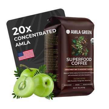 Amla Green Organic Ground Superfood Coffee, Medium Roast Gourmet Coffee With Antioxidant Rich Indian Gooseberry, 100% Arabica Sp