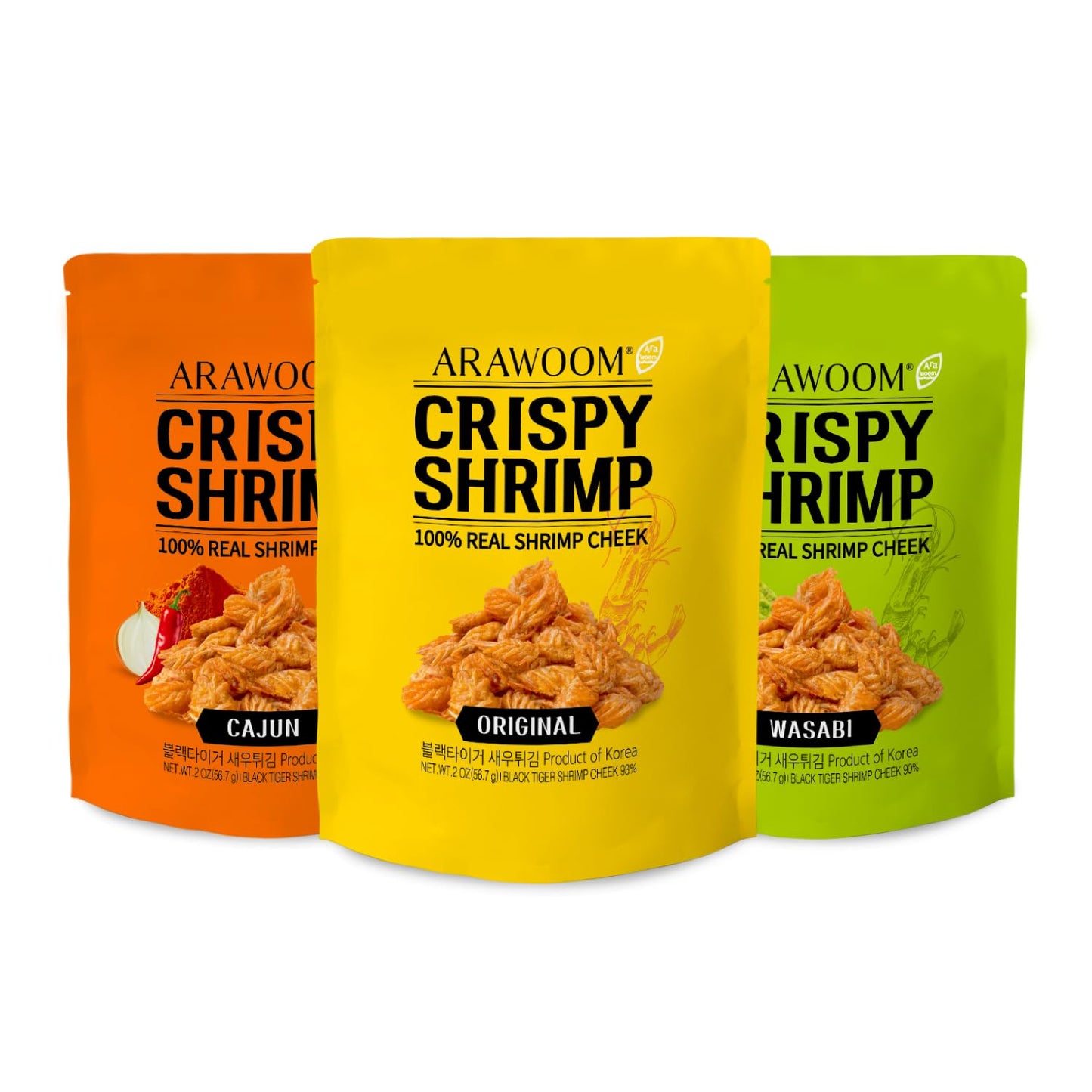 ARAWOOM - Real Crispy Shrimp Cheek Snack - 100% Real Black Tiger Shrimp [2 ounce (Pack of 3)] - Vatriety Pack - Crunchy Treat fo