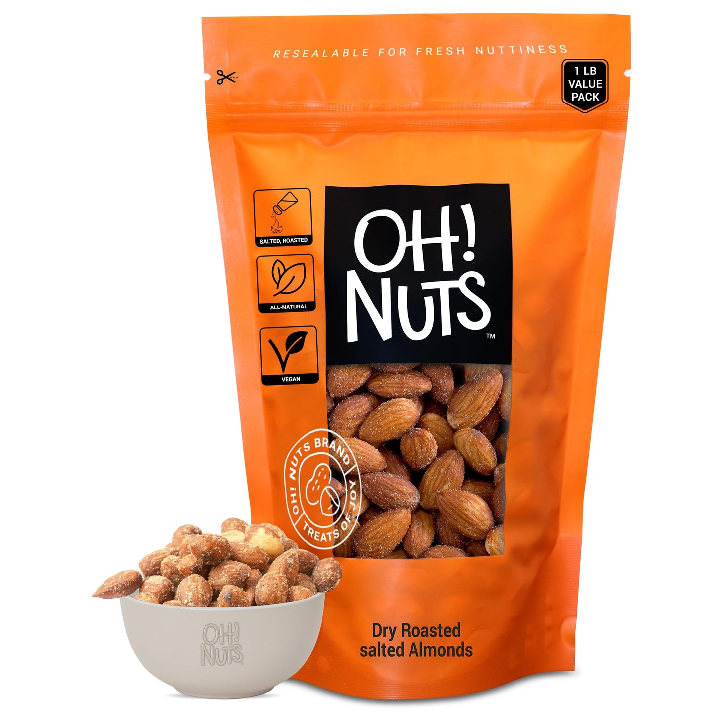Oh! Nuts Almonds - Dry Roasted Salted - 1 Lb - Freshly Oven Roasted And Salted Almonds - Packed In New York Zip-Seal Bag For Exceptional Freshness