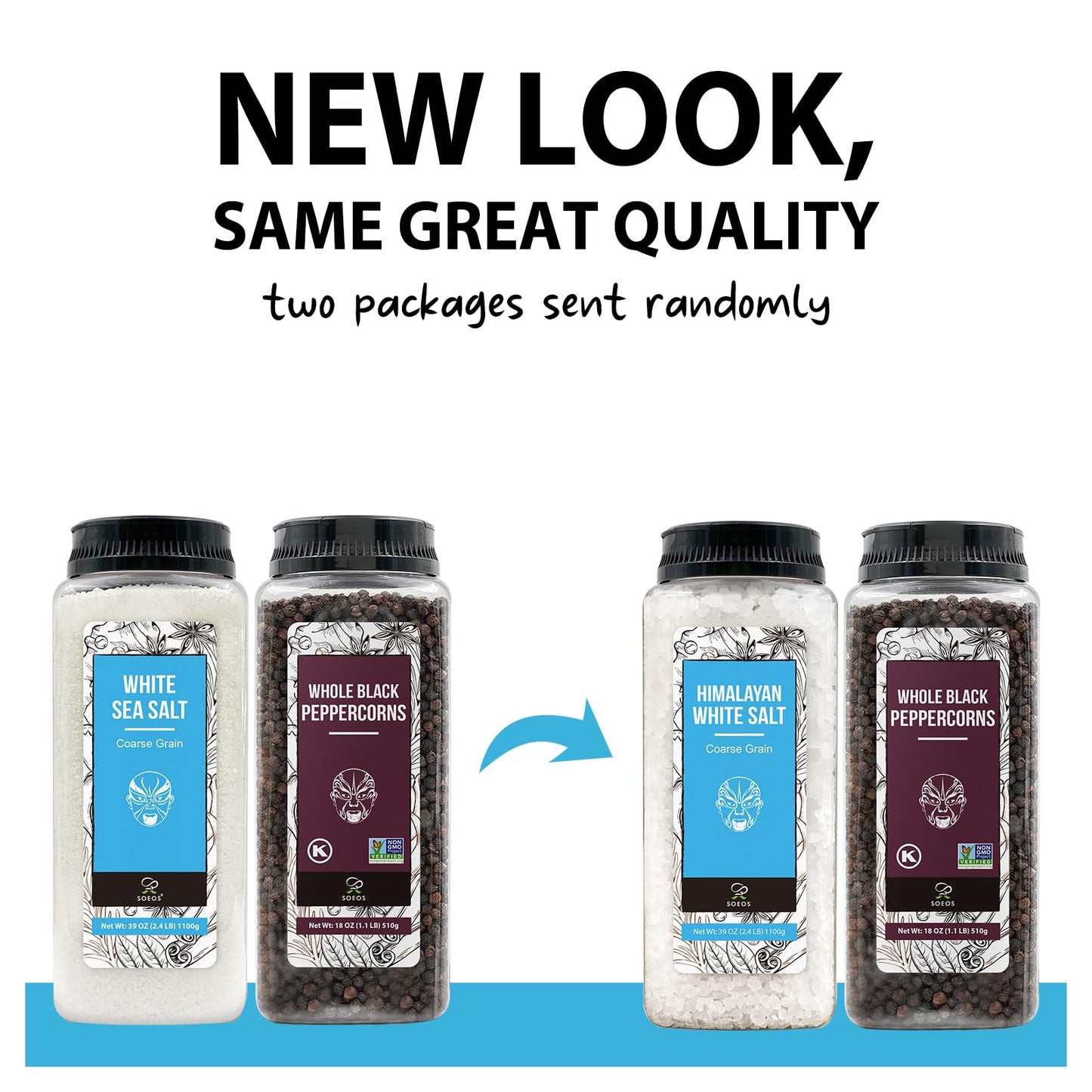 Soeos Himalayan Sea Salt, 39 oz (2.4 lb) + Whole Black Peppercorns, 18oz (1.1 lb) White Himalayan Salt Coarse Grain, Whole Black