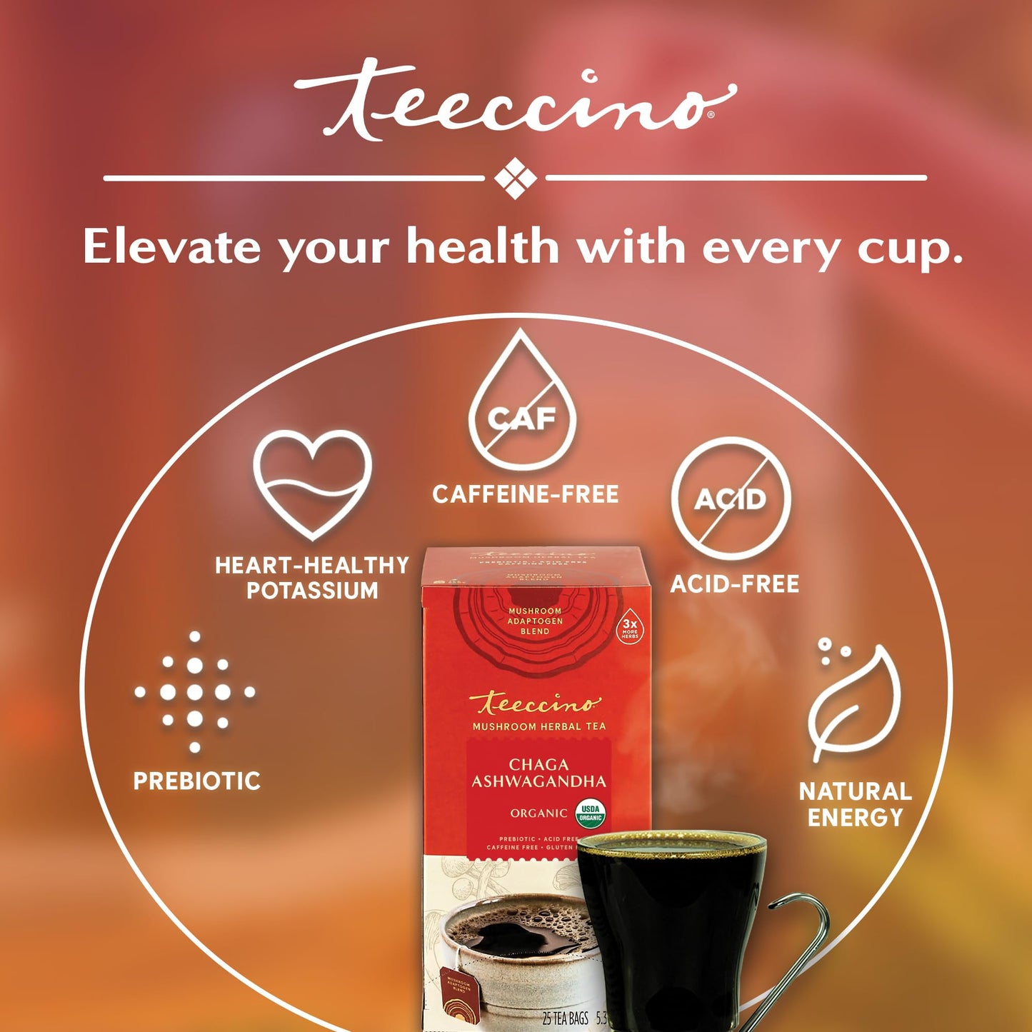 Teeccino Chaga Ashwagandha Tea - Butterscotch Cream - Organic Herbal Tea, Caffeine-Free, 25 Count, Gluten-Free