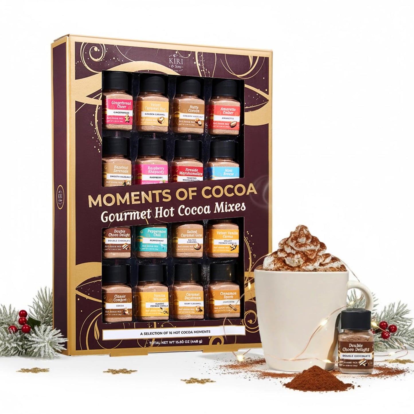 Hot Chocolate Mix Gift Set - 16 Mini Bottle Cocoa Sampler With Assorted Gourmet Flavors Including Caramel  Vanilla  Double Cocoa  Peppermint Swirl  Toasted Marshmallow & More  Winter Beverage Gift Box