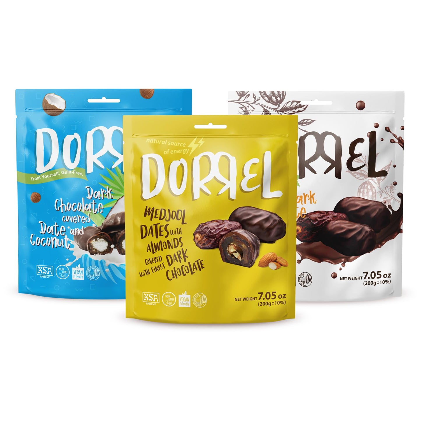 Dorrel - Trio Bundle Pack: Belgian Dark Chocolate Covered Dates (Medjool) + Chocolate Dates With Salted Almonds & Coconut Stuffing  High Energy Choco Snack  Kosher & Non-Gmo Pack Of 3  7.05 Oz Ea