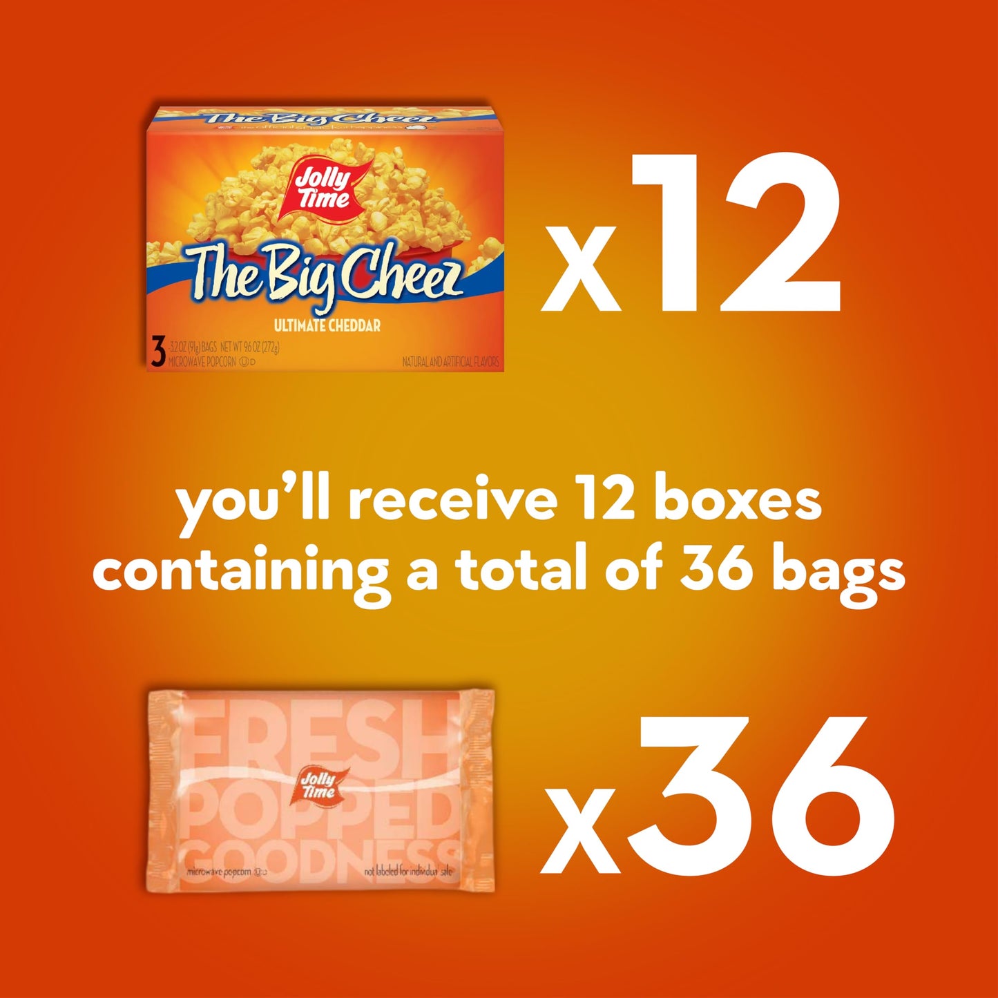 Jolly Time Cheddar Cheese Microwave Popcorn, 3.2oz Sharing Bag, Pack of 36