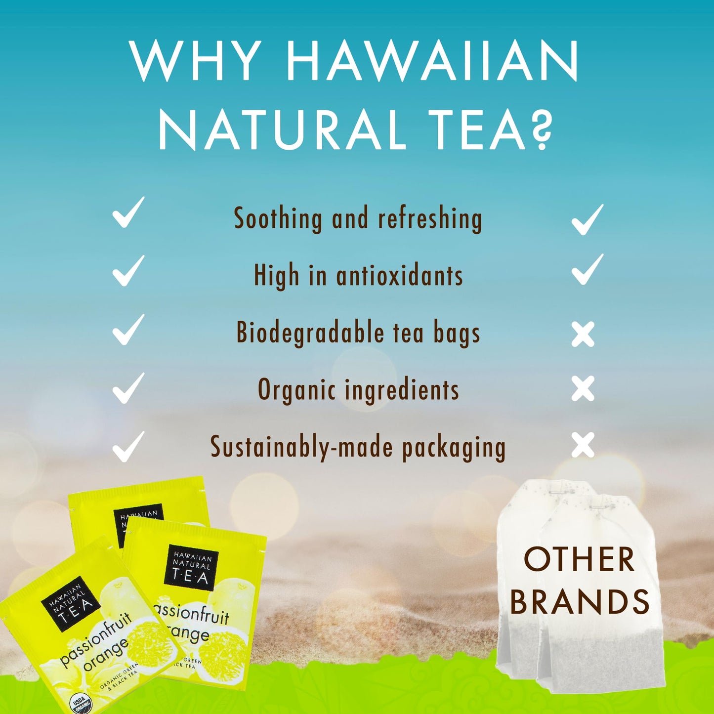 HAWAIIAN NATURAL T·E·A Organic Tropical Fruit Green Tea, Passion Fruit Orange Flavor, 120 Tea Bags, 20 Count (Pack of 6)