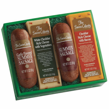 The Swiss Colony Cheese & Sausage 4-Pack - Original and Garlic Summer Sausages with Bacon  and Vegetable Cheese  Charcuterie Gift Basket for Holiday  Thank You Gifts  mature-themeds  Women  Men  14 oz.