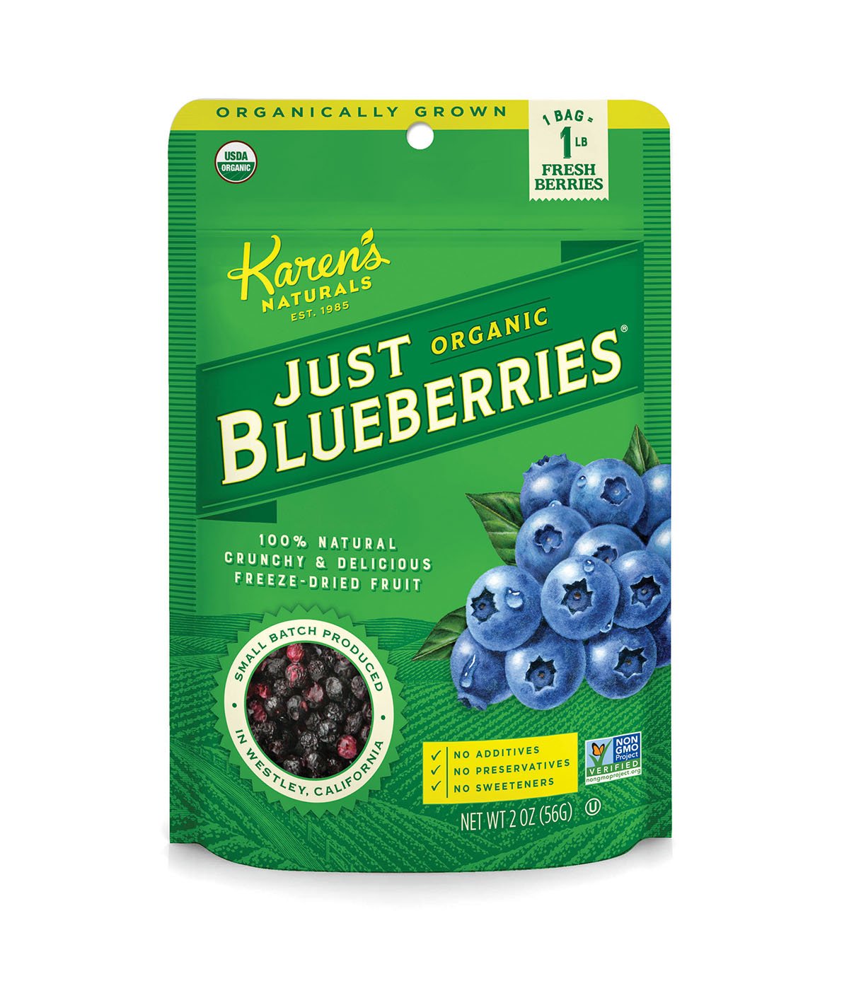 Karen's Naturals Organic Just Blueberries, 2 Ounce (Pack of 1) Organic All Natural Freeze-Dried Fruits & Vegetables, No Additive