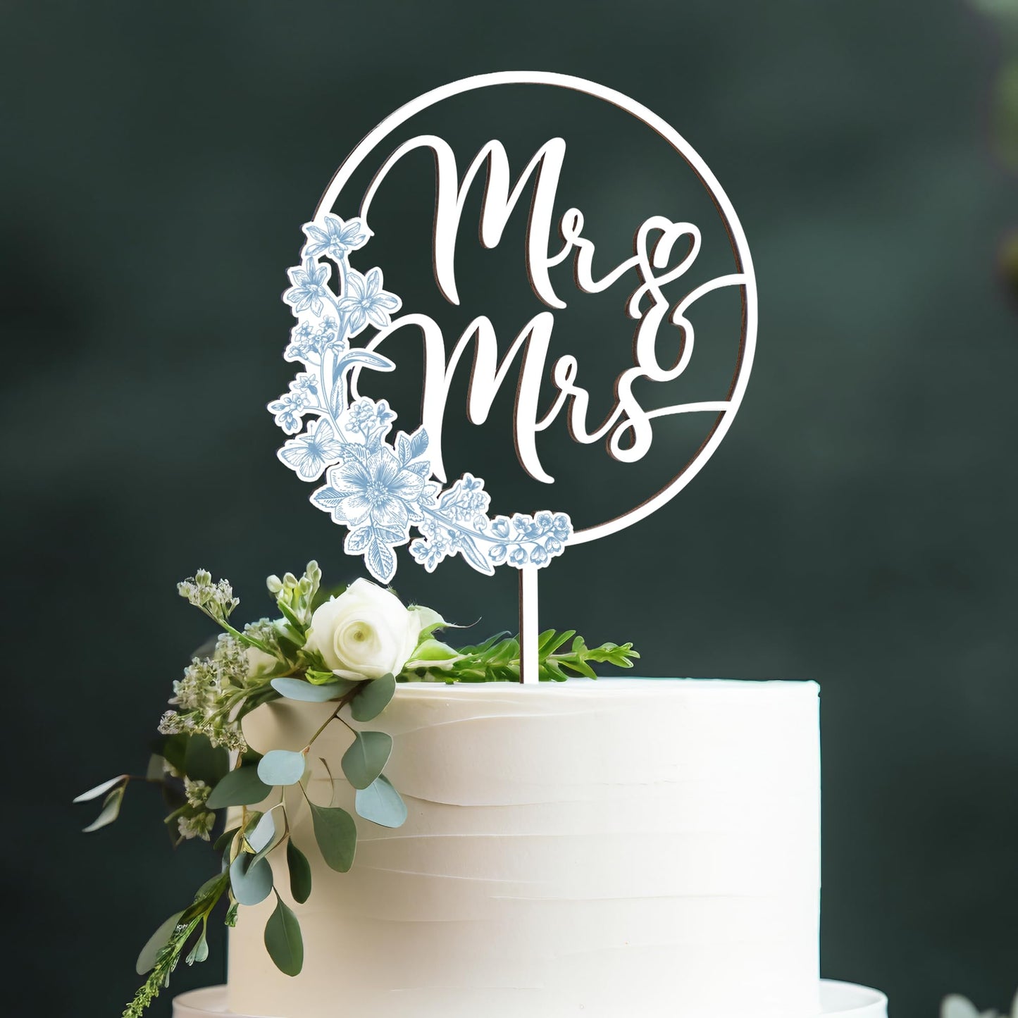 Mr & Mrs Cake Topper Greeny Wedding Cake Topper In Wood, Newly Wed Cake Toppers, Wedding Cake Toppers Bride And Groom, Toile De Jouy Decorations, Something Blues Gifts (Toile De Jouy)
