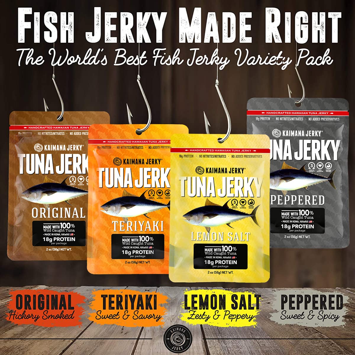 Kaimana Jerky Ahi Tuna Fish Jerky - All Natural, Wild Caught, 4 Pack Variety, 2.75 Ounce