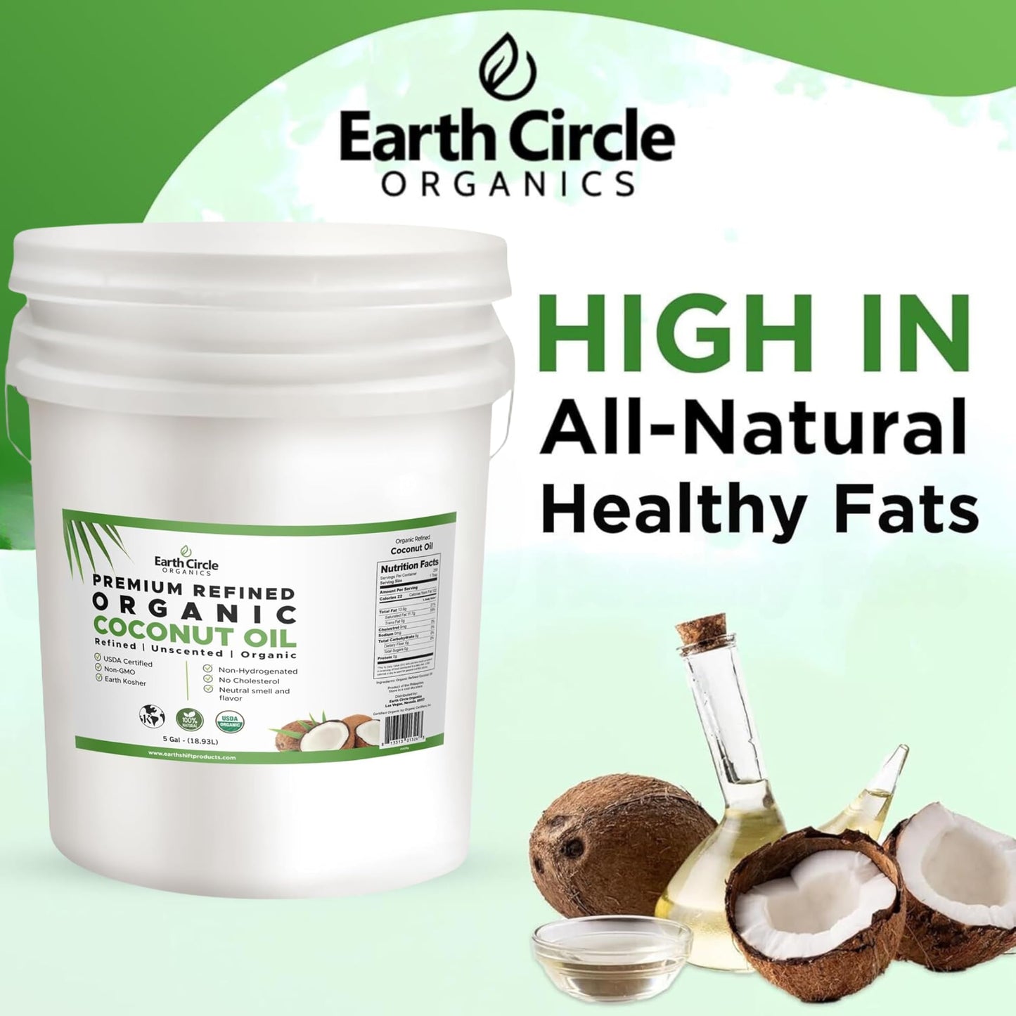 Earth Circle Organics Refined Coconut Oil - Ultra Premium Steam Refined, Keto & Paleo Friendly, Zero Coconut Taste Or Smell - Fo
