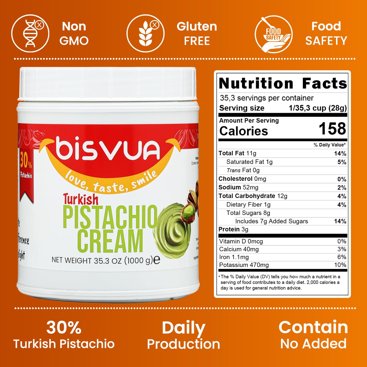 BISVUA enhanced Pistachio Cream (30%)  1 kg (2.2 lb.) - Pistachio Butter & Spread - Perfect for Viral Dubai Chocolate Bar Kit - Kataifi  Ice Cream  Versatile Butter for Desserts  Breakfast
