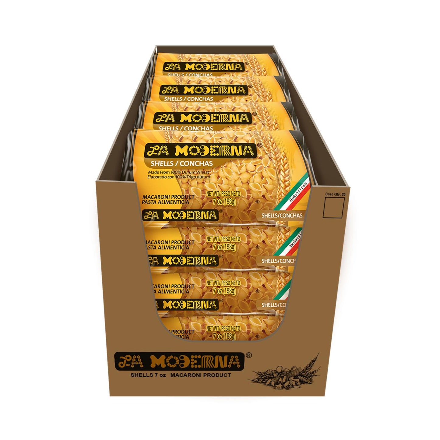 La Moderna, Conchas, Pasta, Hecha Con Sémola De Trigo Durum, Enriquecida Con Vitaminas Y Hierro, 7 Oz, Pack De 20