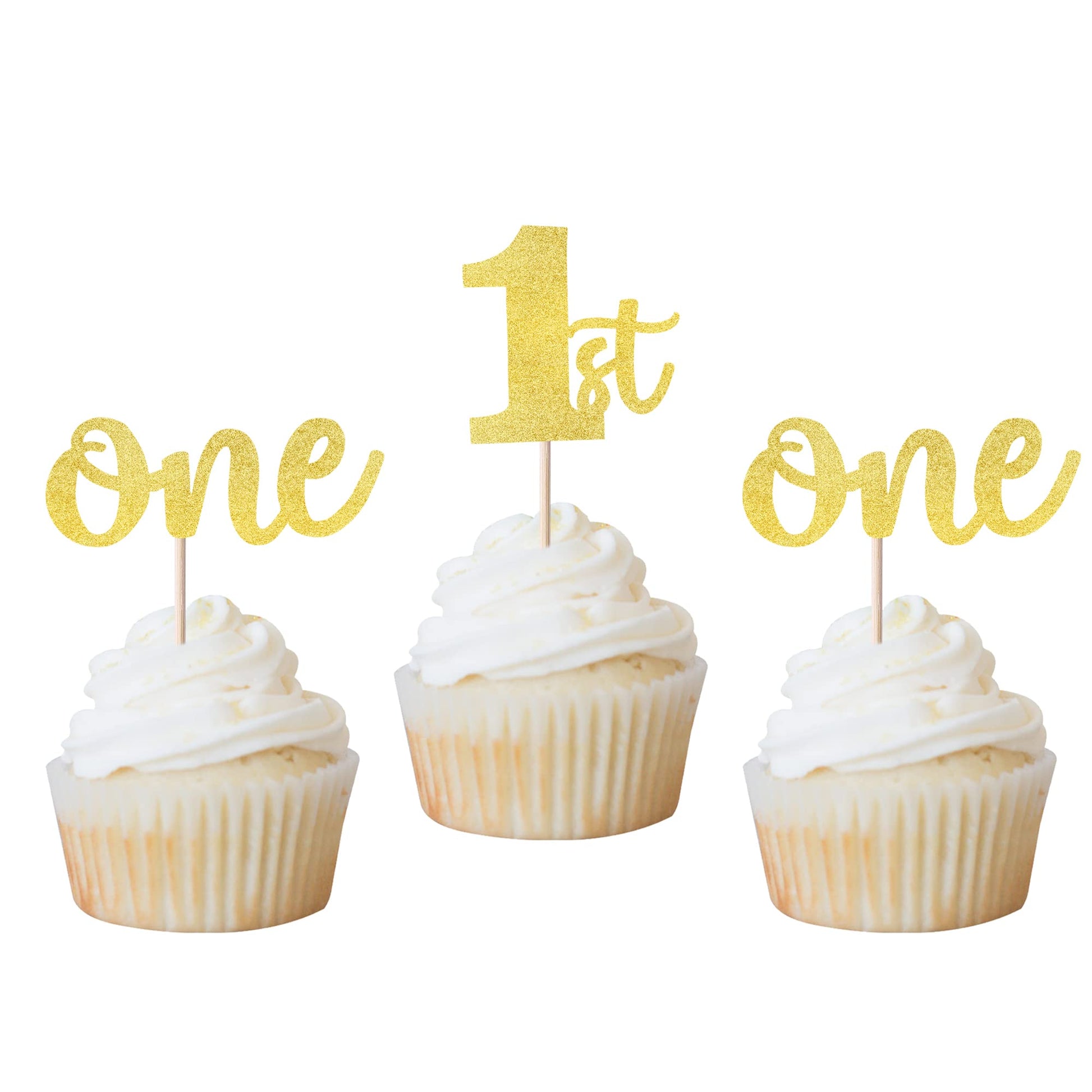 Rsstarxi Cupcake Toppers 24 Pack Glitter First Birthday Cake Picks Gold, Model XM060-Gold, Paper Material