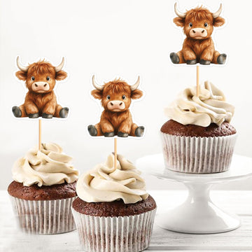 Cyodoos 24Pcs Highland Cow Cupcake Toppers Farm Animals Cupcake Picks Highland Cow Theme Baby Shower Kids Birthday Party Cake De