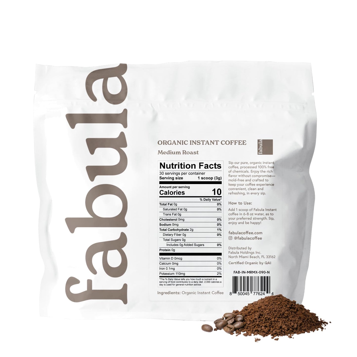 Fabula Organic Instant Coffee, Low Acid, Medium Roast, 90g, Convenient & Delicious