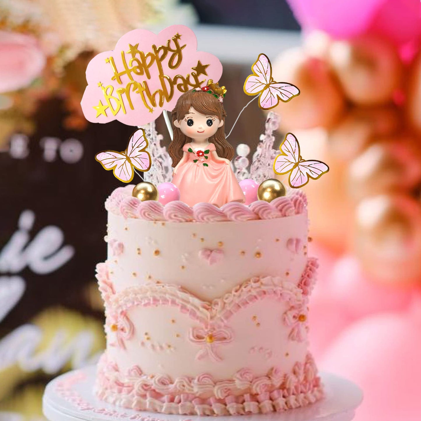 19 Pcs Princess Cake Topper Castle Cake Decoration With Butterflies And Balls For Girl Kid Happy Birthday Party Decorations Prin