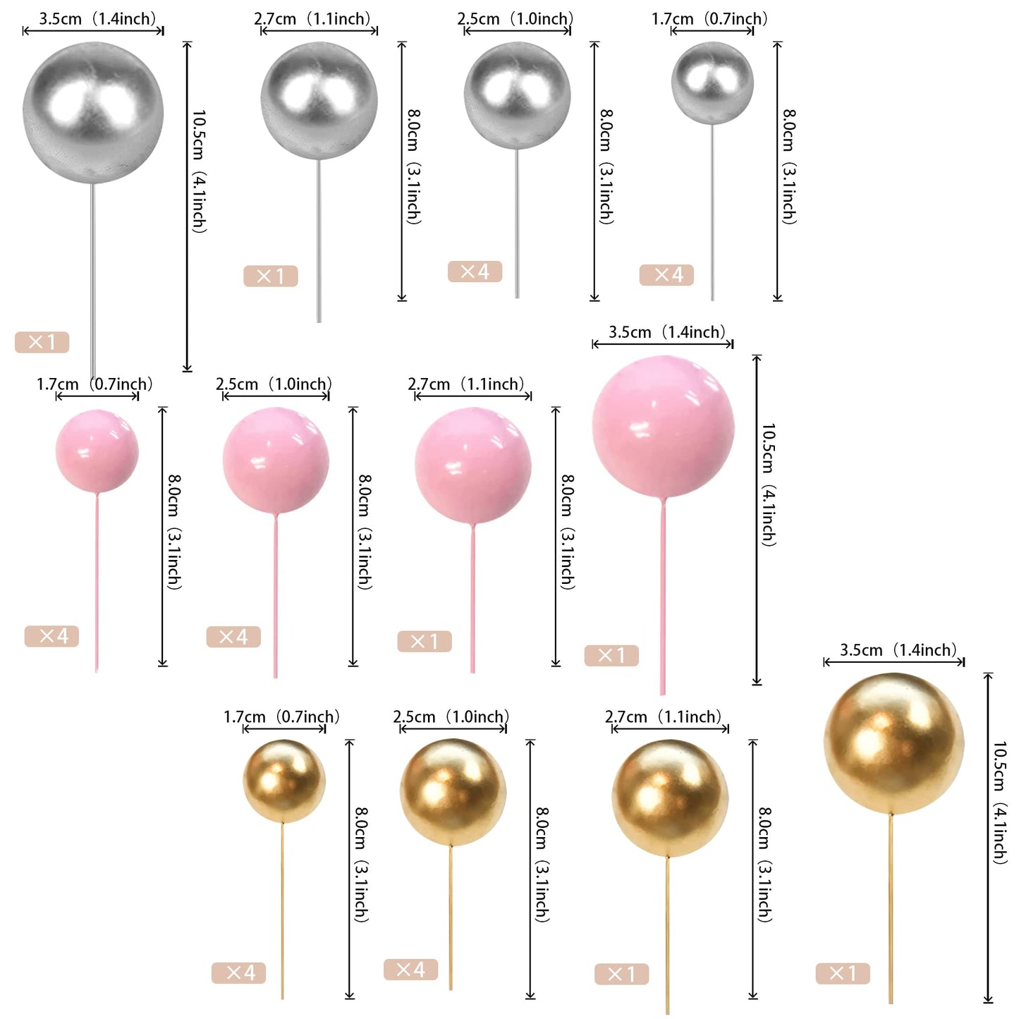 Rssta i Foam Ball Cake Topper Picks, 30 PCS Mini Balloon Decoration for Baby Shower, Wedding, Kids Birthday - Gold Silver Pink