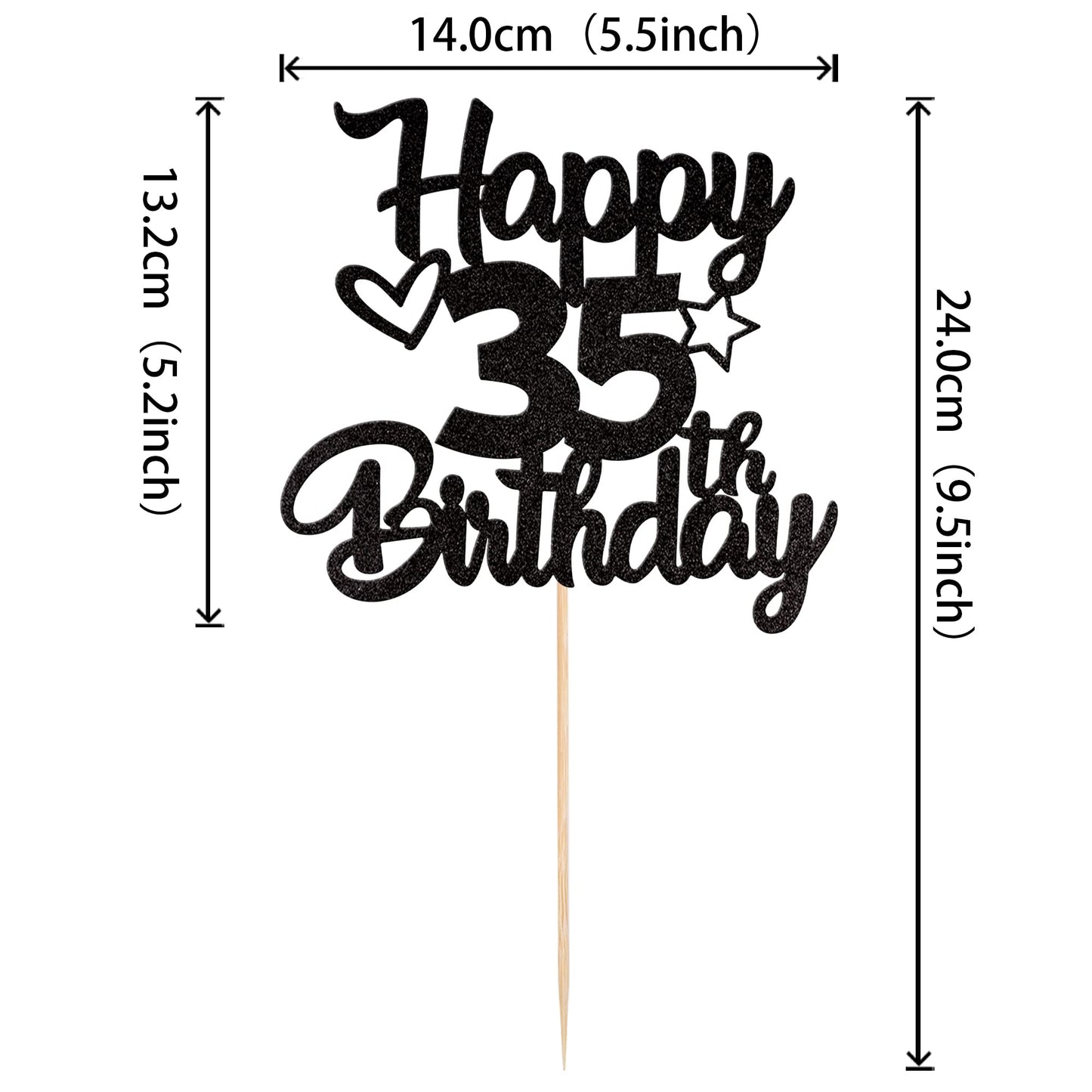 YCTHUNFISH 35th Birthday Cake Topper Glitter Heart Star Black Bamboo Decoration