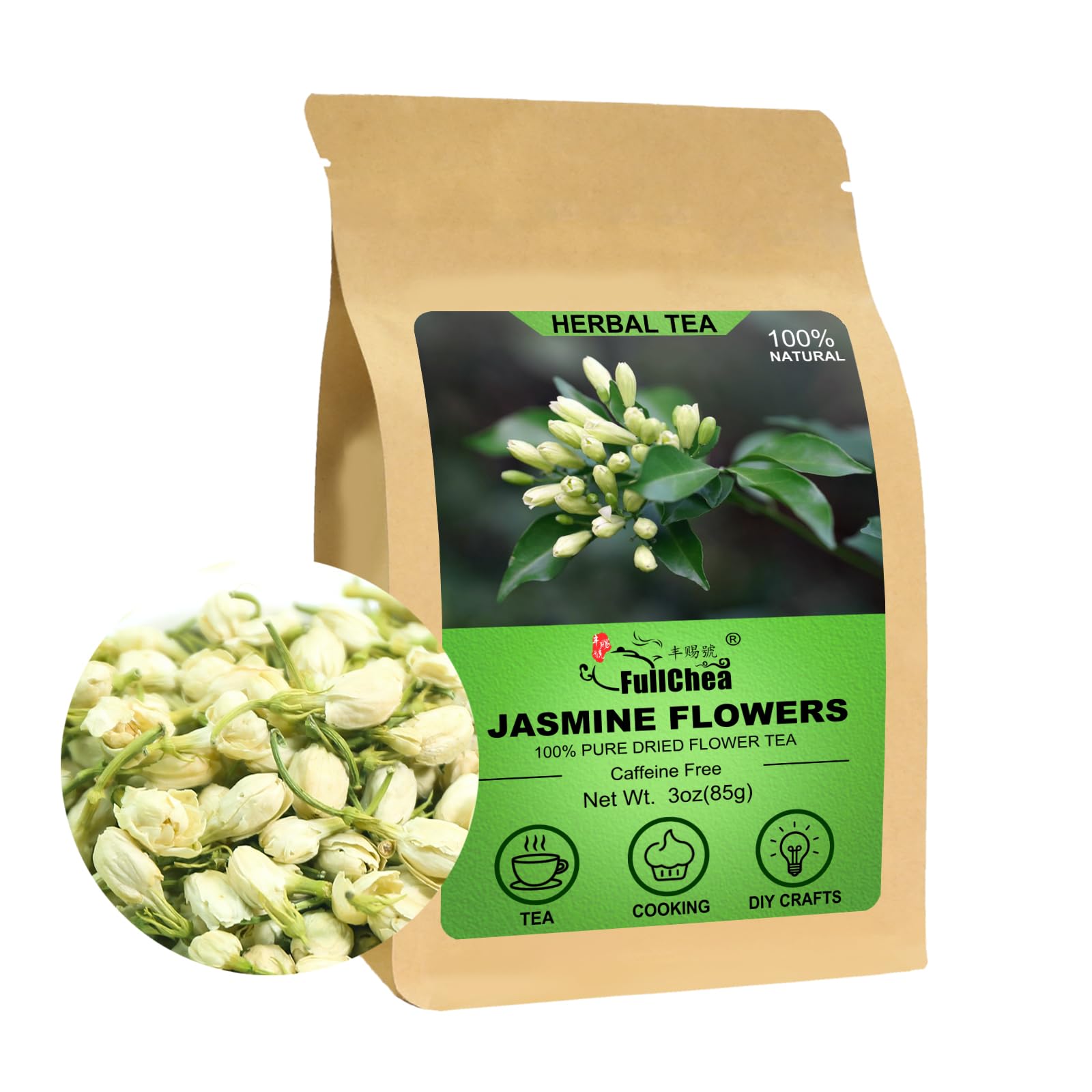 FullChea Dried Jasmine Flowers - Premium Edible Whole Buds, Non-GMO, Caffeine-free, 3oz/85g