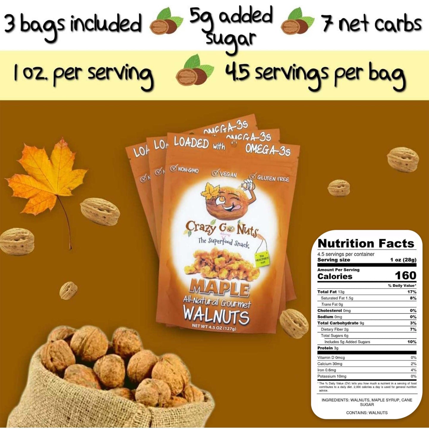 Crazy Go Nuts Sampler Pack - Candied & Salted Walnuts for Snacking, Flavored Snack Packs w/Omega 3 ALA & Vegan Protein - Maple,