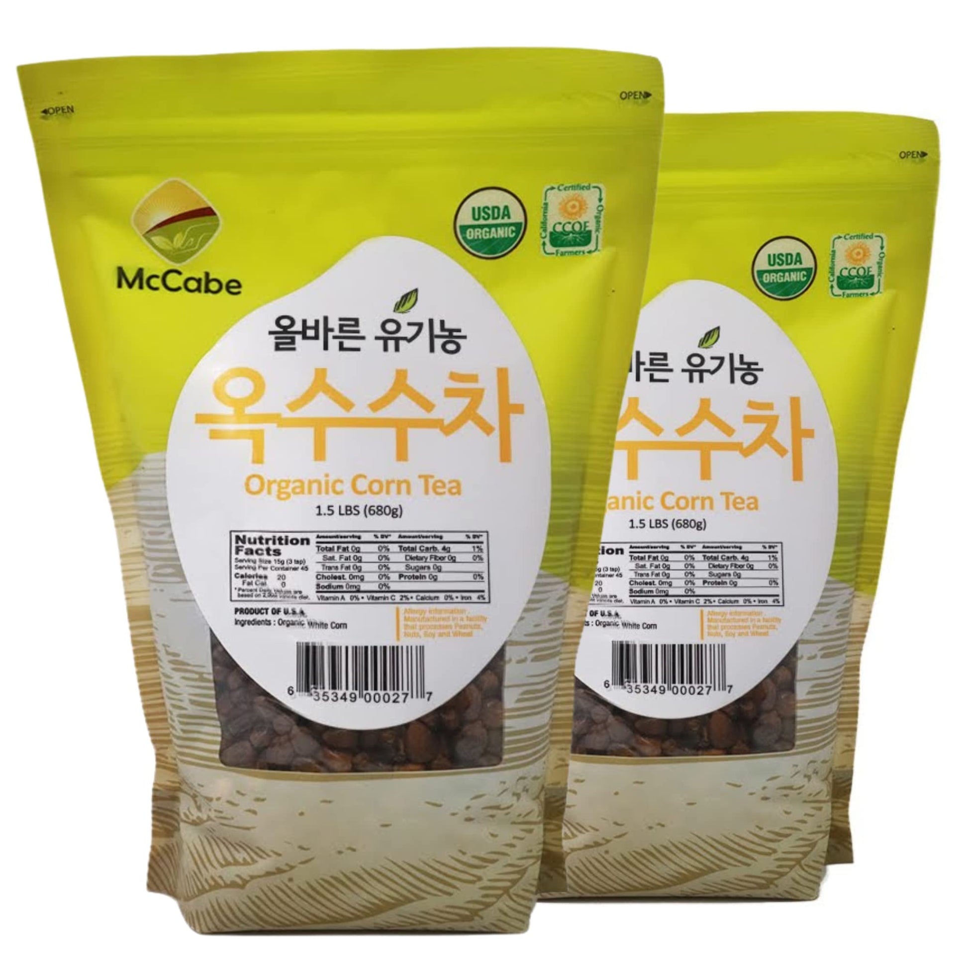 McCabe Organic Roasted Corn Tea | USDA & CCOF Certified | Non-GMO Whole White Corn | Roasted & Packed in USA | 1.5 lbs (24 Oz) P
