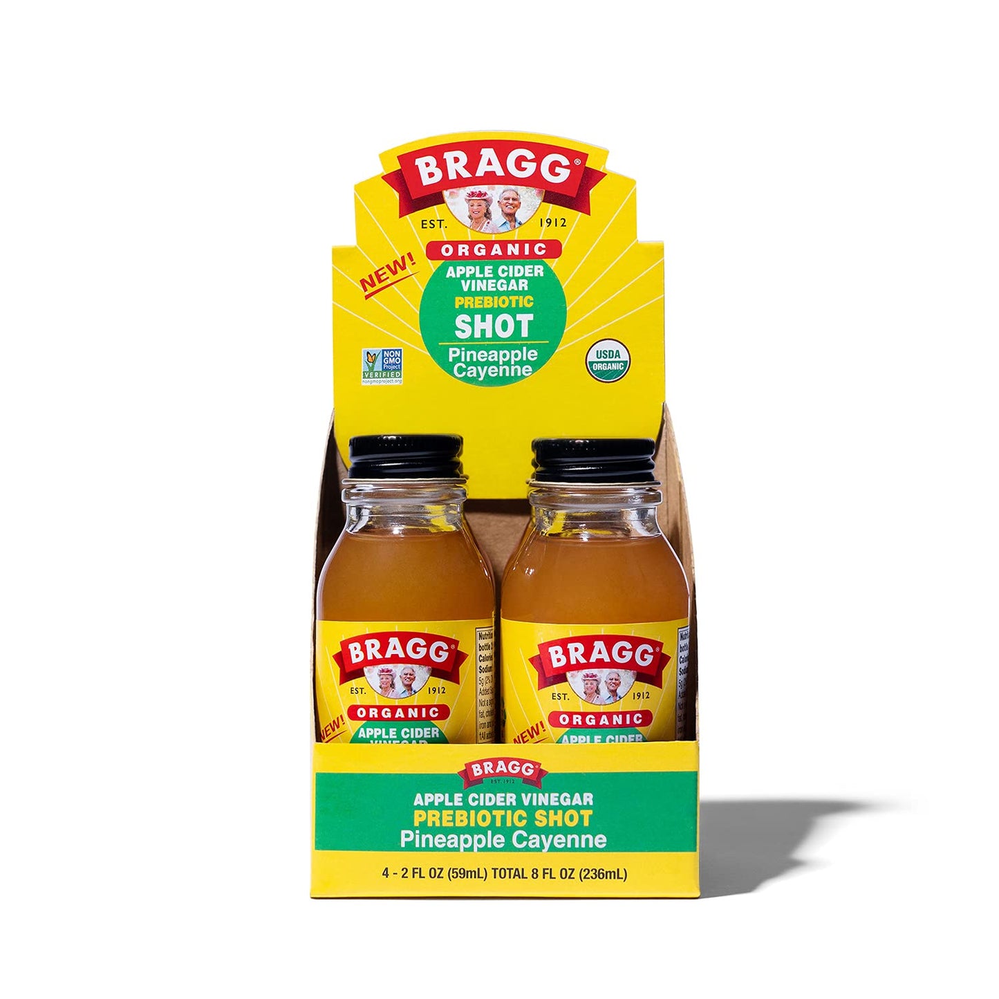 Bragg Organic Apple Cider Vinegar Shot, Pineapple Cayenne, 2 Fl Oz, Pack of 4, Natural