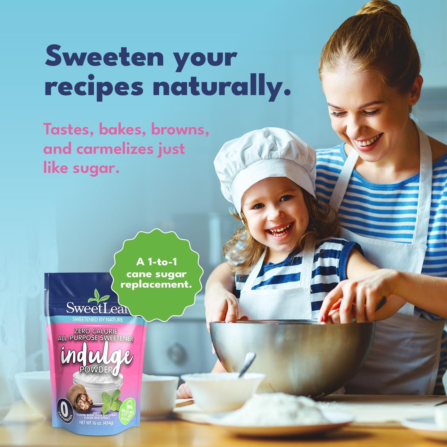 SweetLeaf Indulge Powder Sugar Replacement, Allulose & Monk Fruit Blend, Zero-Calorie, 16 Oz