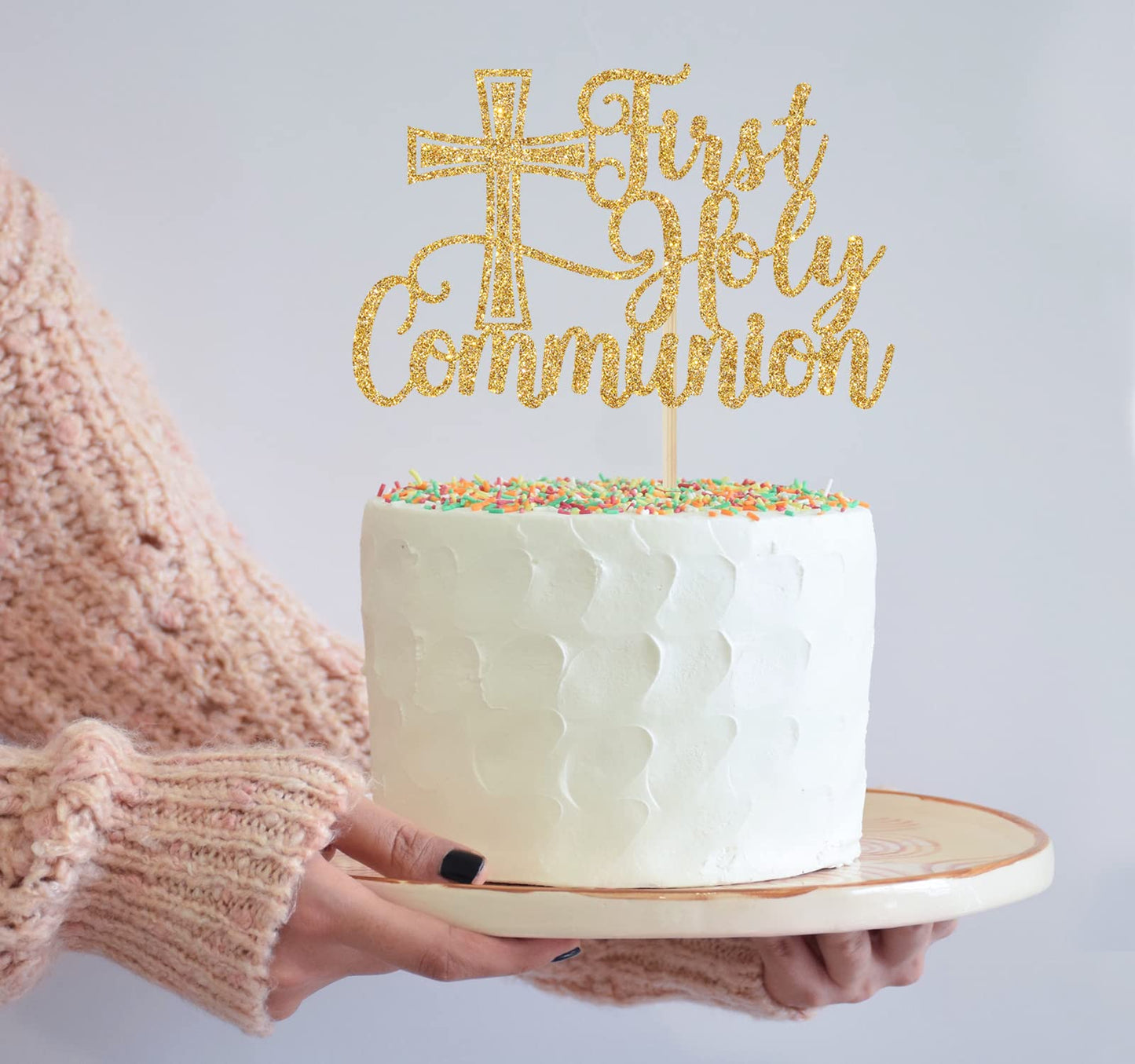 Bytorjar First Holy Communion Cake Topper, Gold Glitter, Model AA--0845, for Baptism, Christening, Baby Shower, Birthday Decorations
