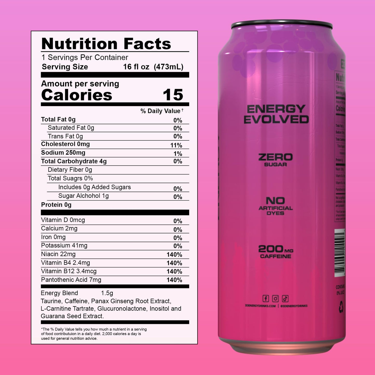 3D Energy Drink - Sugar Free  200mg Caffeine  Pre Workout  Taurine  L-Carnitine  Lightly Carbonated  16oz Cans  12 Pack - Watermelon G