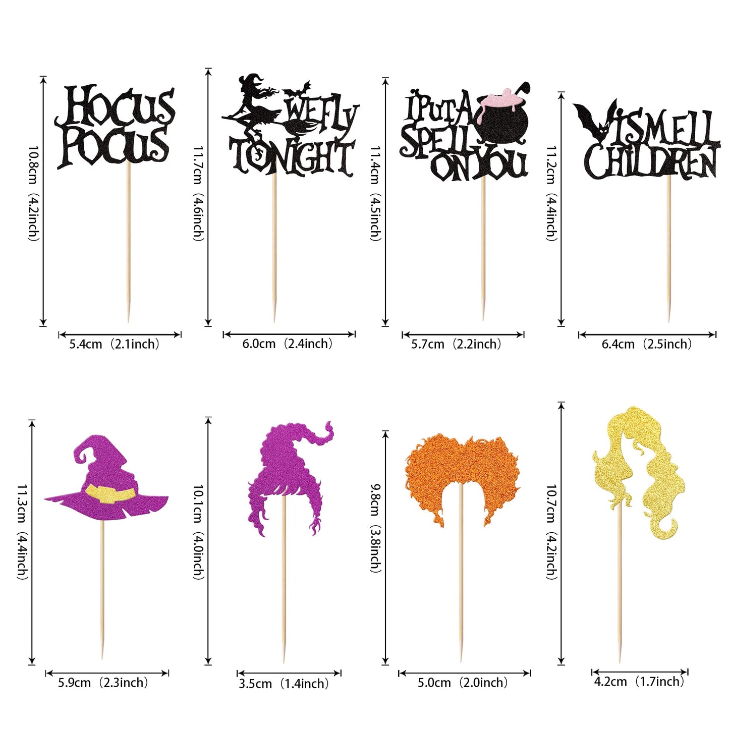 YCTHUNFISH 24 Pack Cupcake Toppers Glitter Witch Hair Halloween Picks, Paper, 2.1x4.2 to 1.7x4.2 inch, Kids